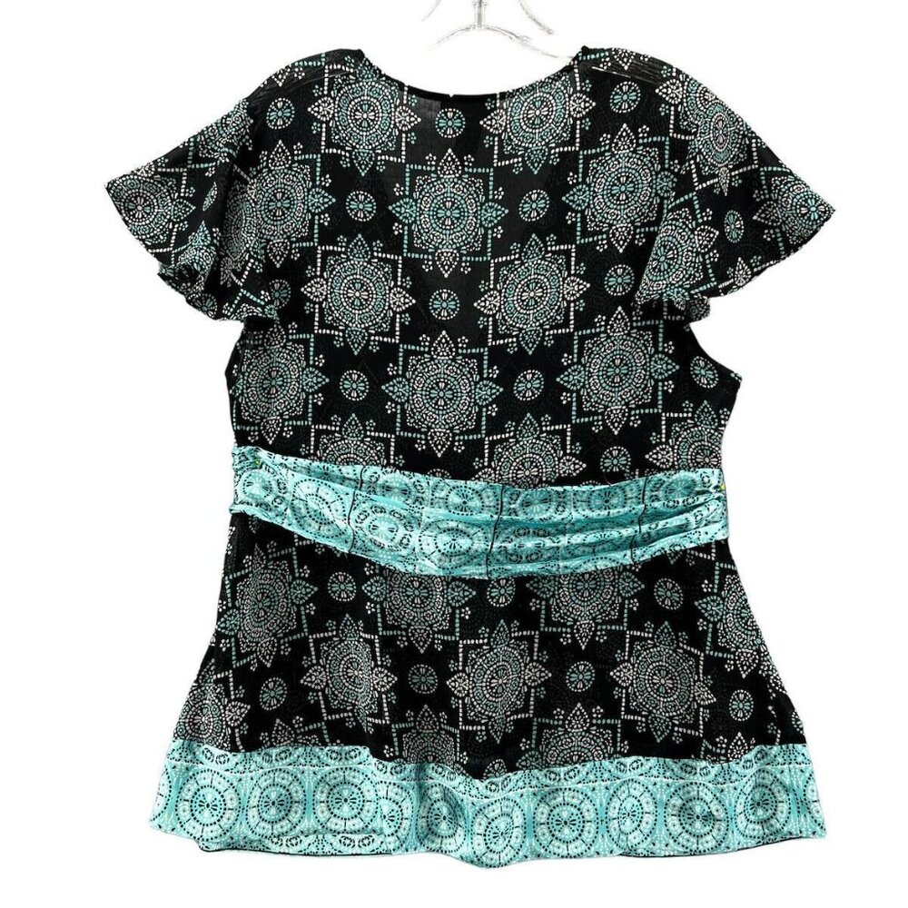 Lane Bryant Womens Plus Size 14/16 Black & Teal Belted Short Sleeve Top V Neck - Picture 2 of 11